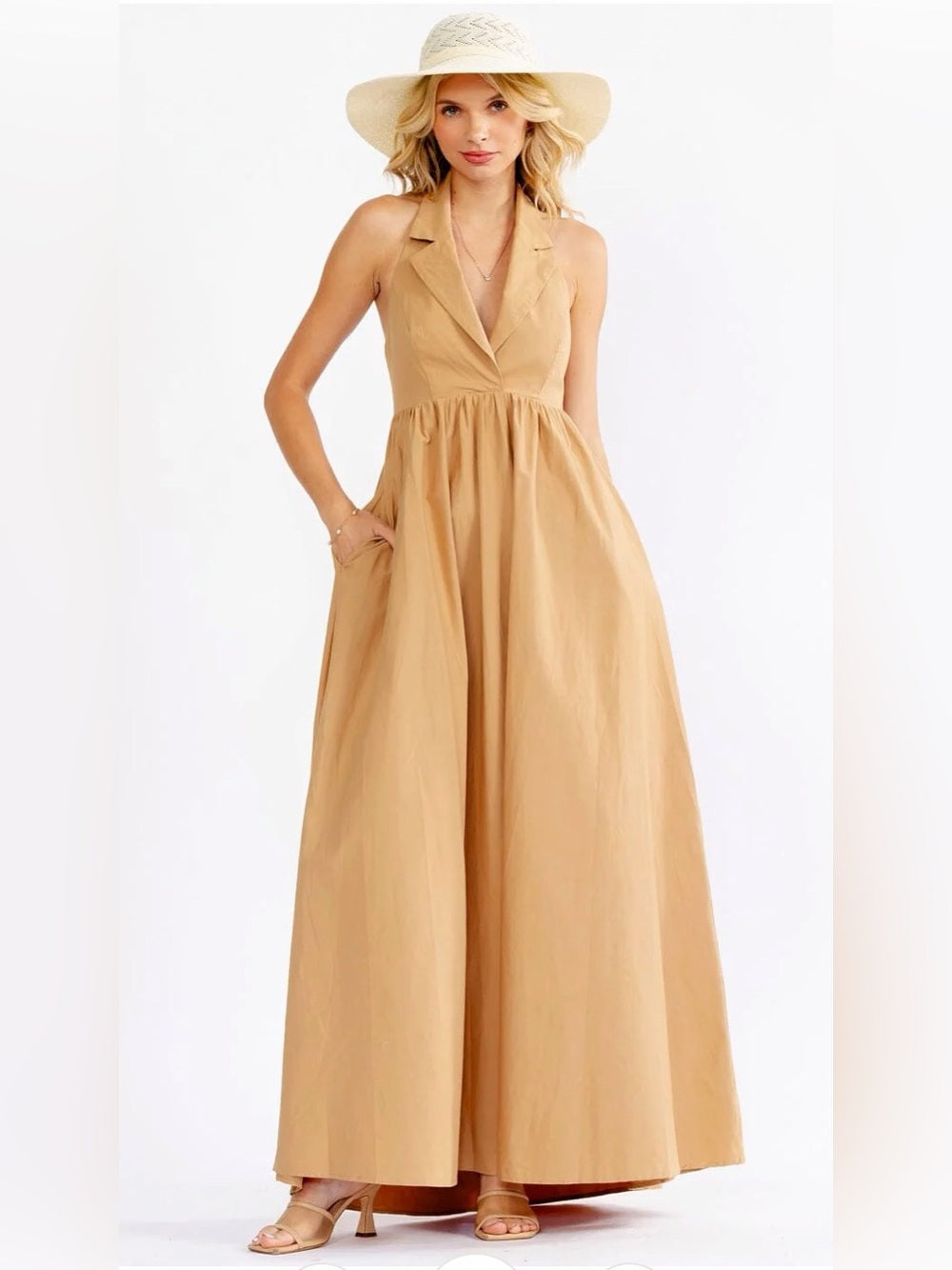 A639. Sleeveless Halter Jumpsuit in Camel
