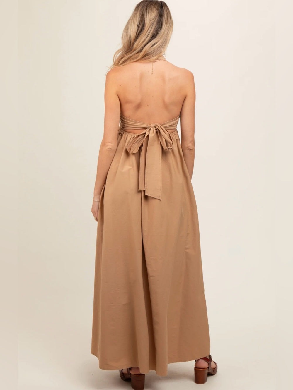 A639. Sleeveless Halter Jumpsuit in Camel