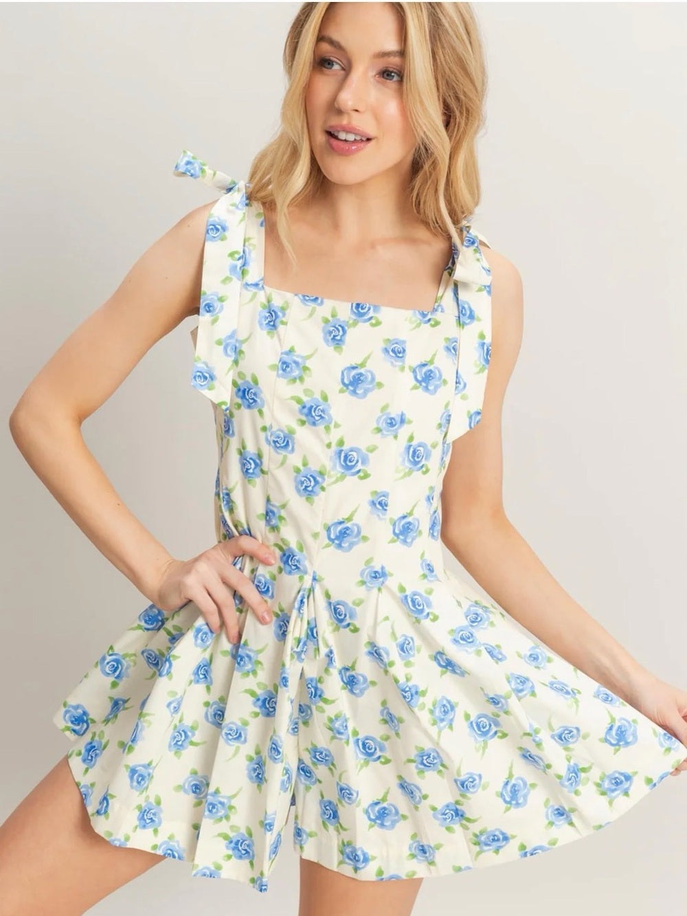 A640. Blue Rose Tie-Shoulder Romper