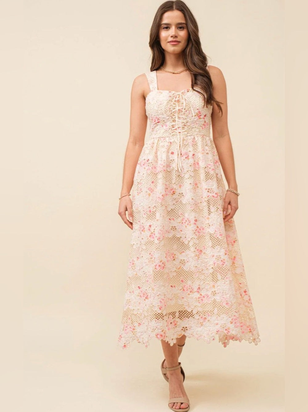 A642. Floral Lace Up Midi Dress in Blush Pink
