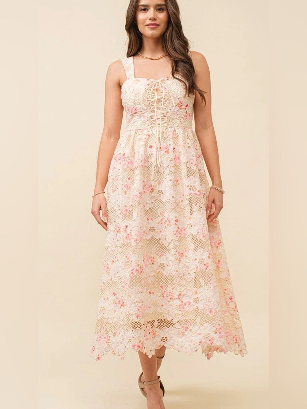 A642. Floral Lace Up Midi Dress in Blush Pink