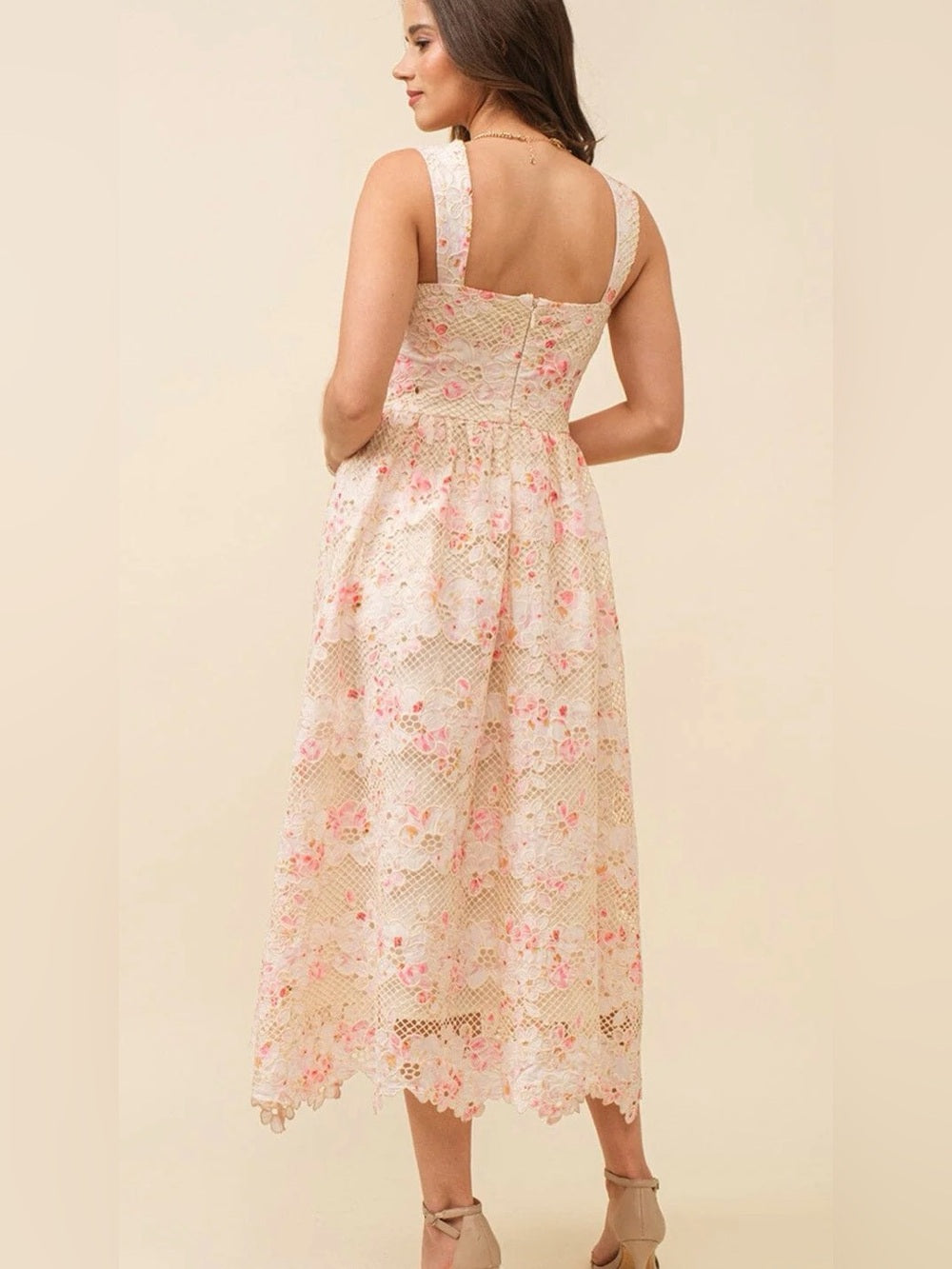 A642. Floral Lace Up Midi Dress in Blush Pink