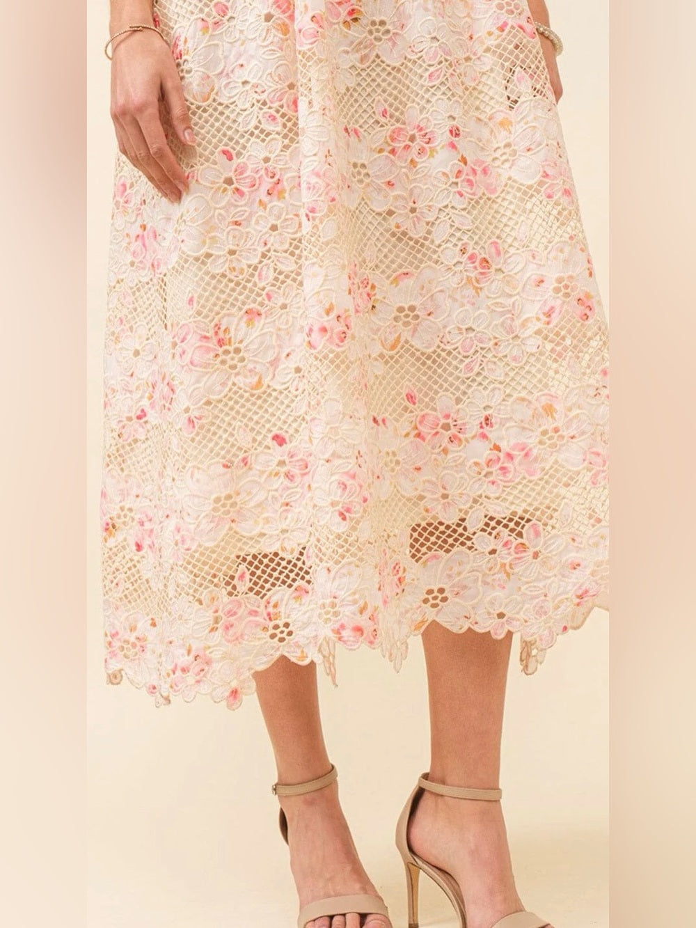 A642. Floral Lace Up Midi Dress in Blush Pink