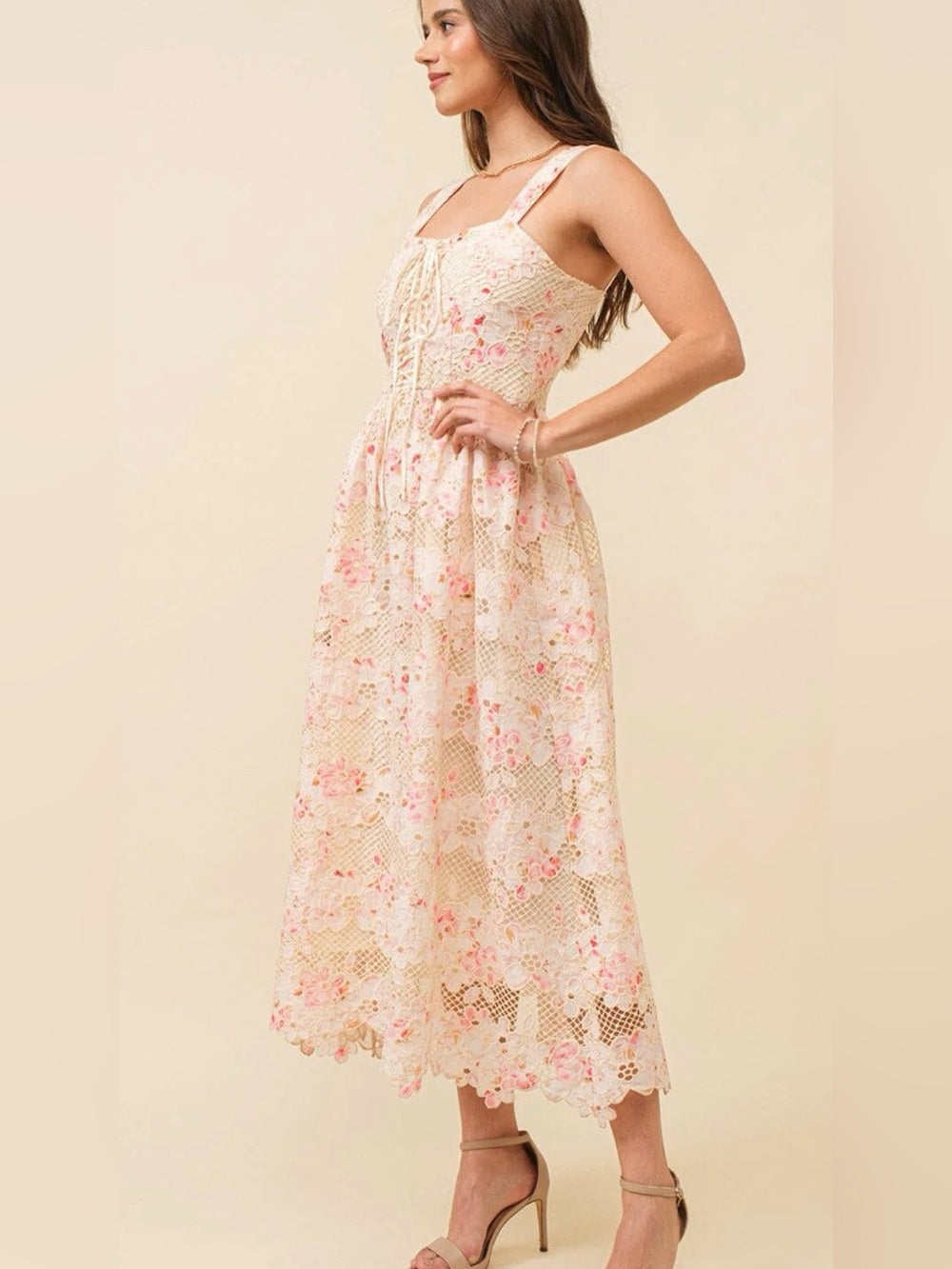 A642. Floral Lace Up Midi Dress in Blush Pink