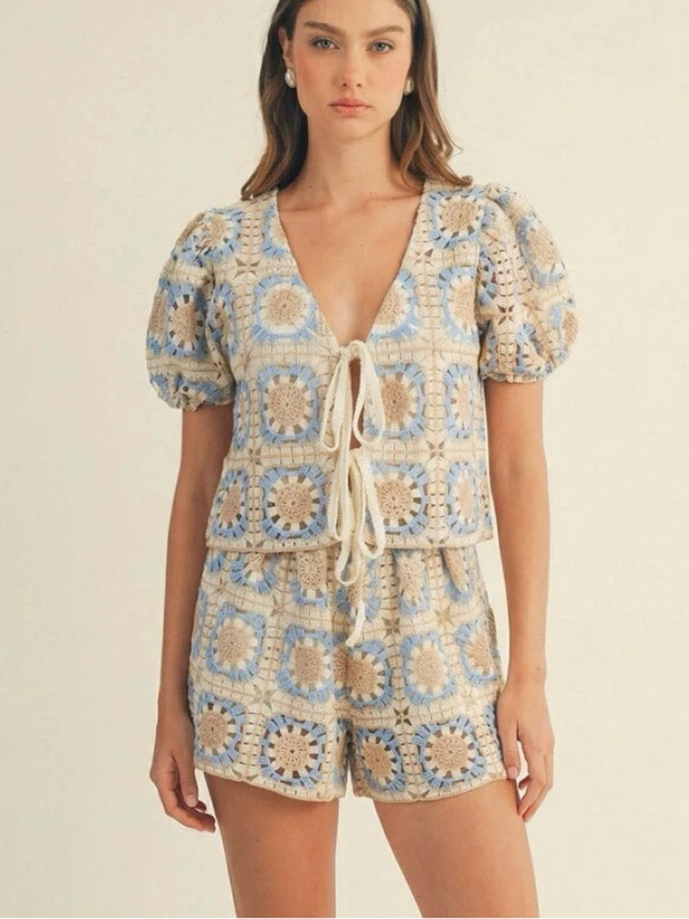 A643. Crochet Two-Piece Set in Cream, Beige & Light Blue