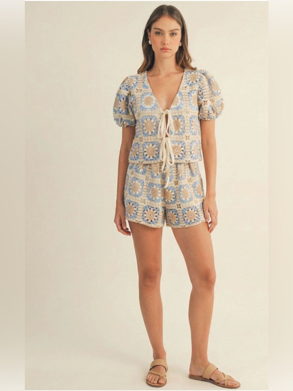 A643. Crochet Two-Piece Set in Cream, Beige & Light Blue