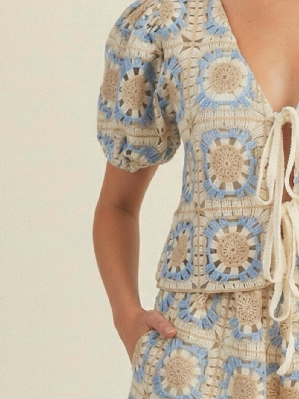 A643. Crochet Two-Piece Set in Cream, Beige & Light Blue
