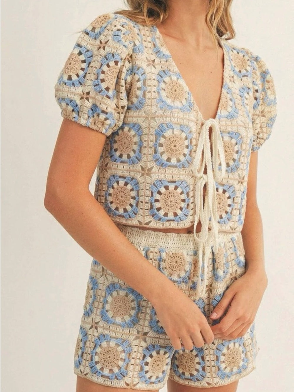 A643. Crochet Two-Piece Set in Cream, Beige & Light Blue