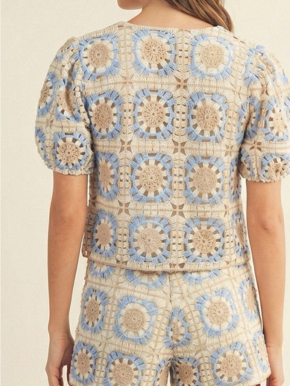 A643. Crochet Two-Piece Set in Cream, Beige & Light Blue