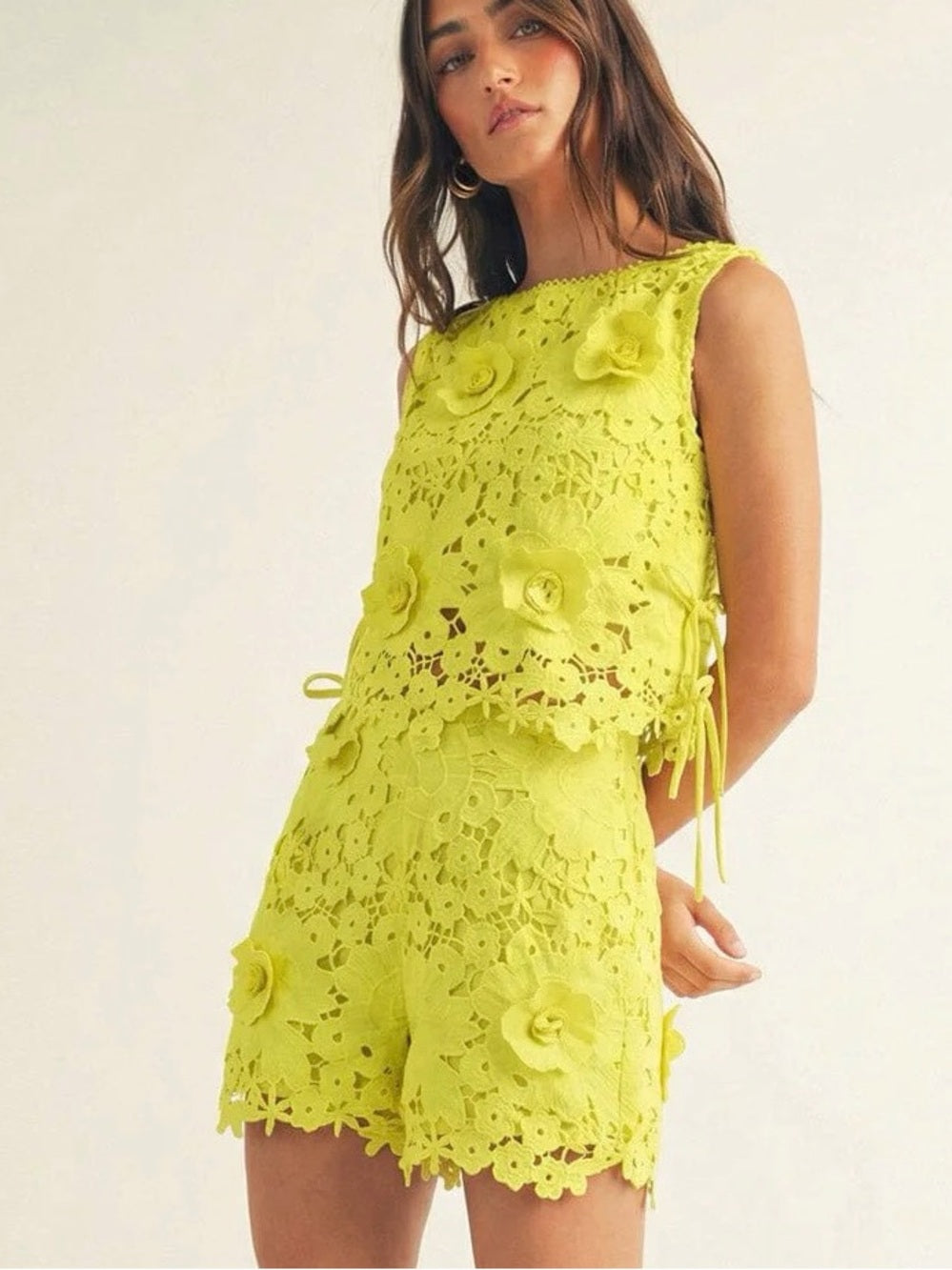 A644. Bright Lime Crochet Floral Two-Piece Set
