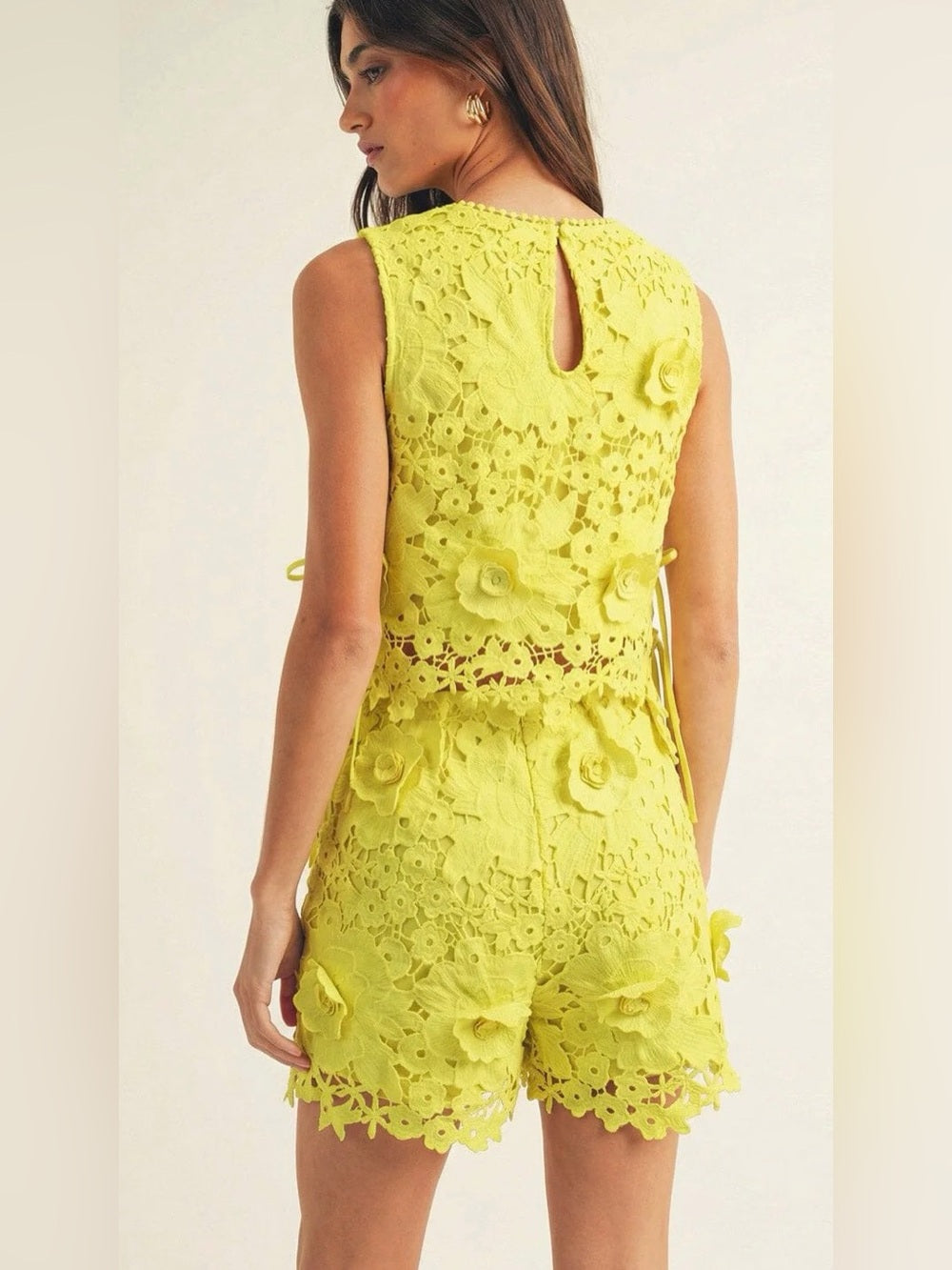 A644. Bright Lime Crochet Floral Two-Piece Set