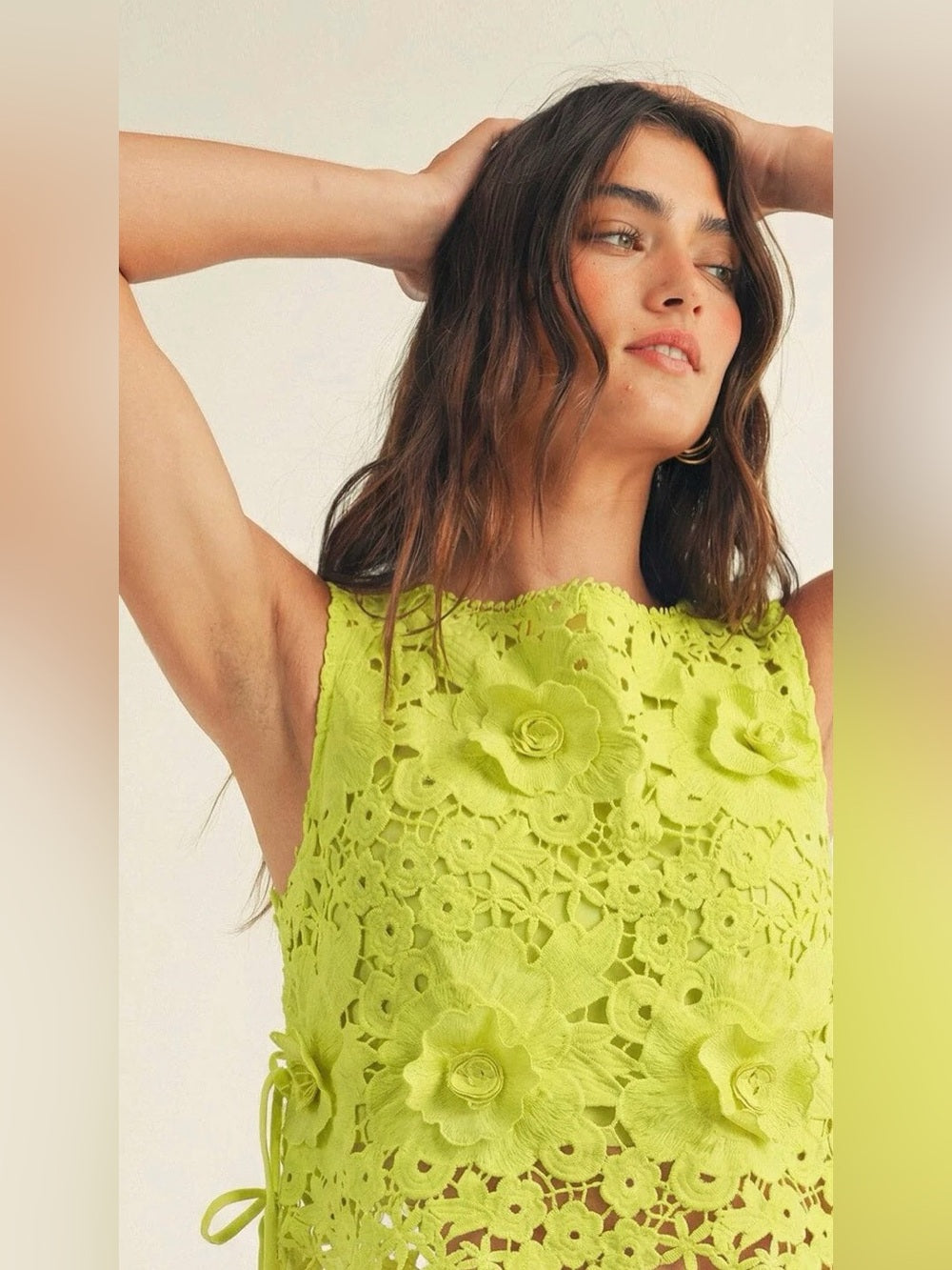 A644. Bright Lime Crochet Floral Two-Piece Set