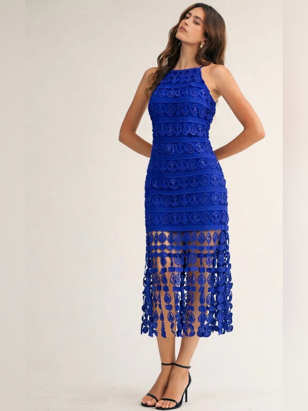 A645. Sleeveless Royal Blue Crochet Midi Dress