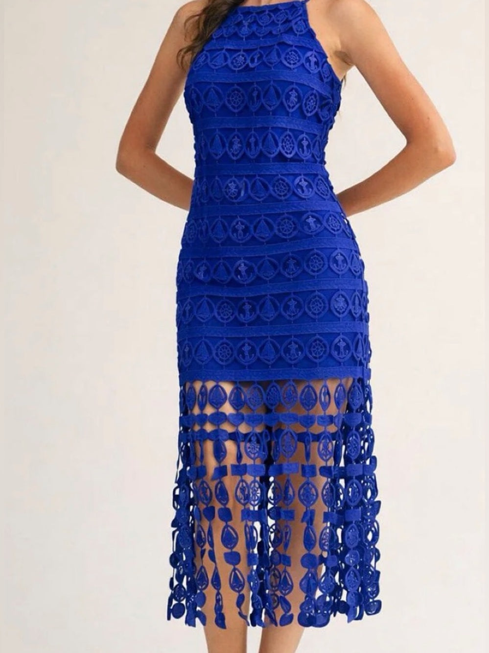 A645. Sleeveless Royal Blue Crochet Midi Dress
