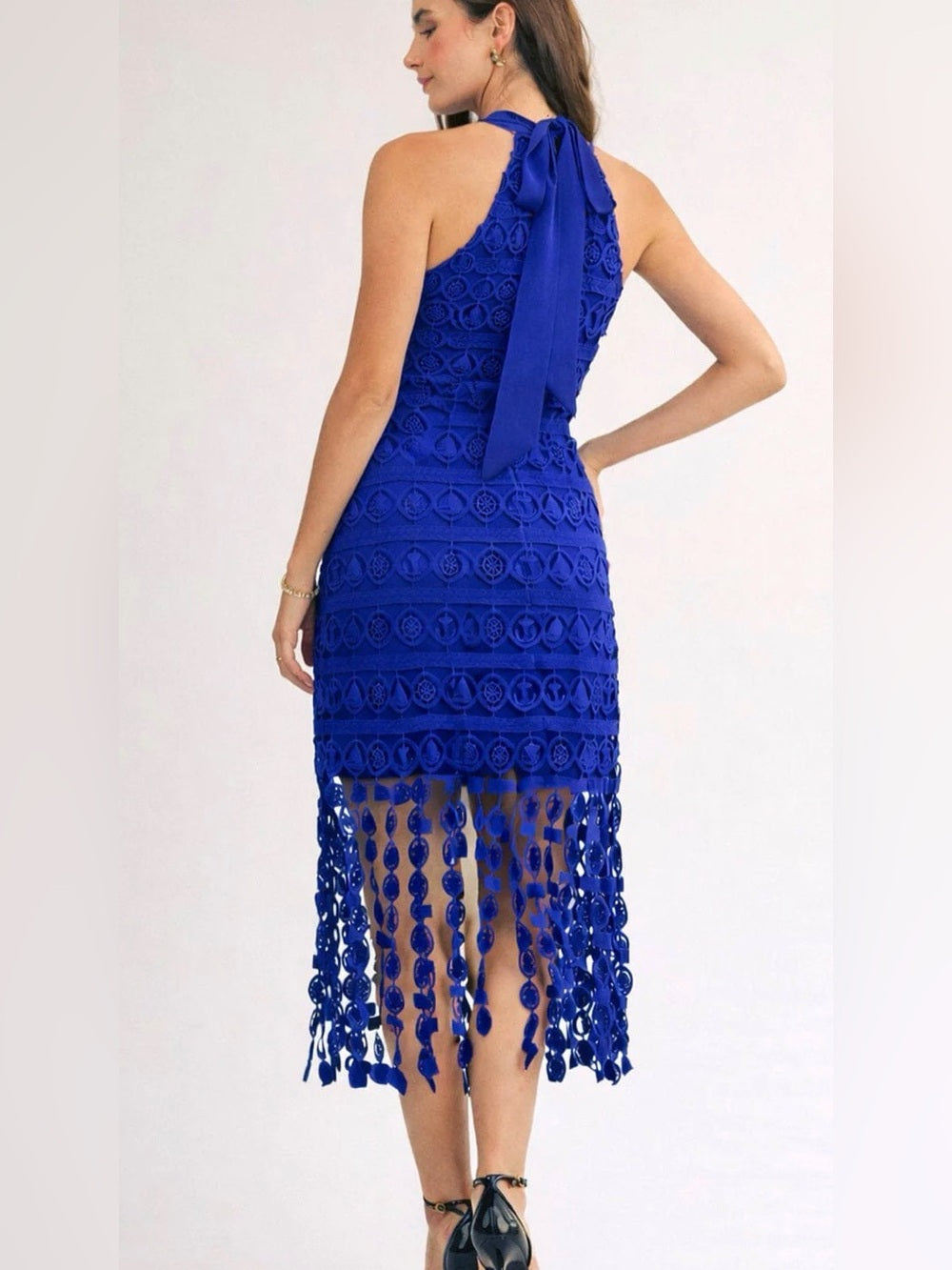 A645. Sleeveless Royal Blue Crochet Midi Dress