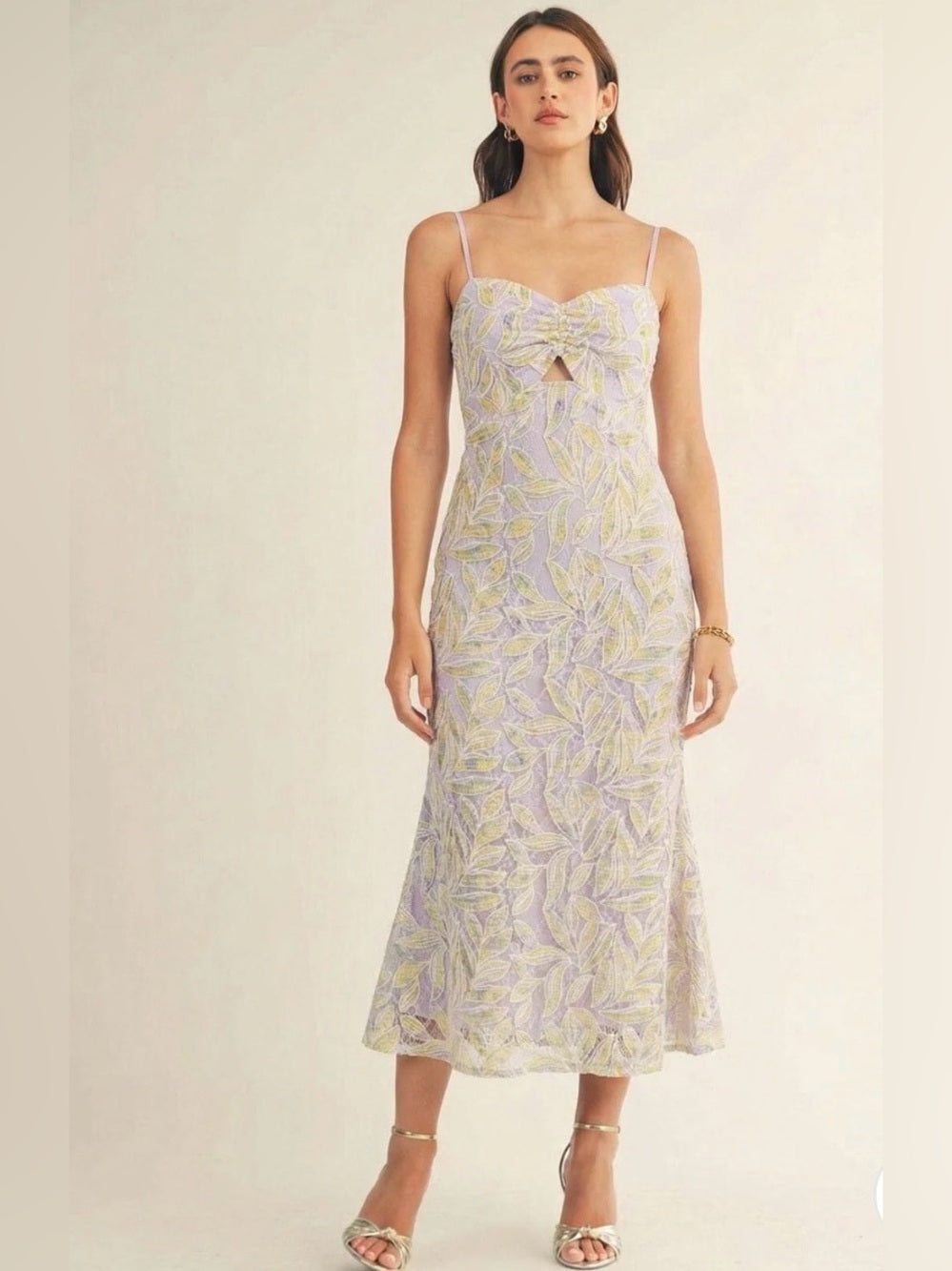 A646. Lavender Leaf-Print Spaghetti Strap Midi Dress