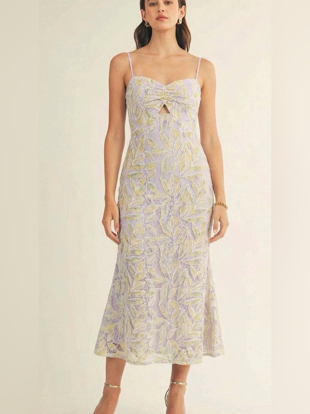 A646. Lavender Leaf-Print Spaghetti Strap Midi Dress