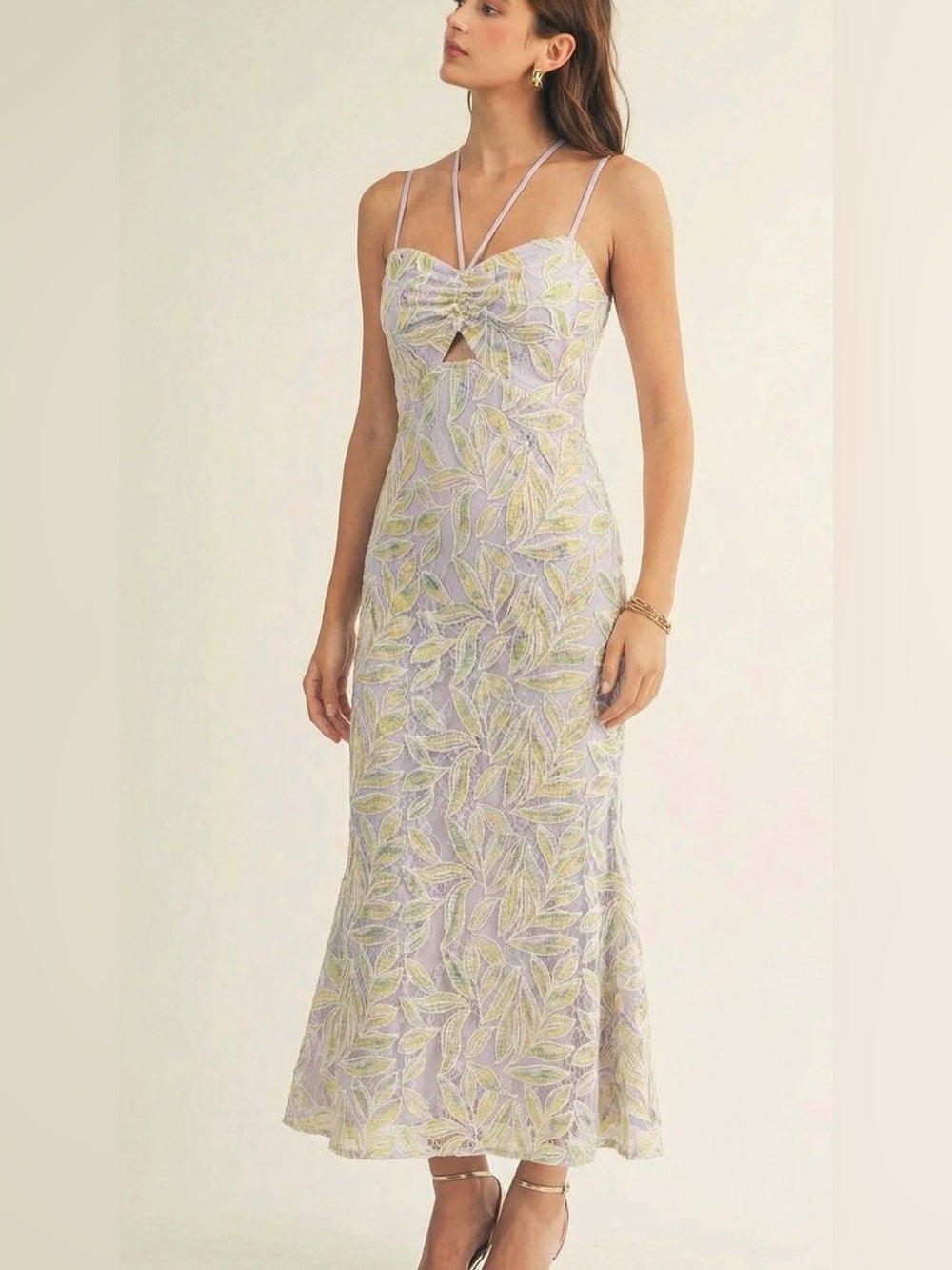 A646. Lavender Leaf-Print Spaghetti Strap Midi Dress