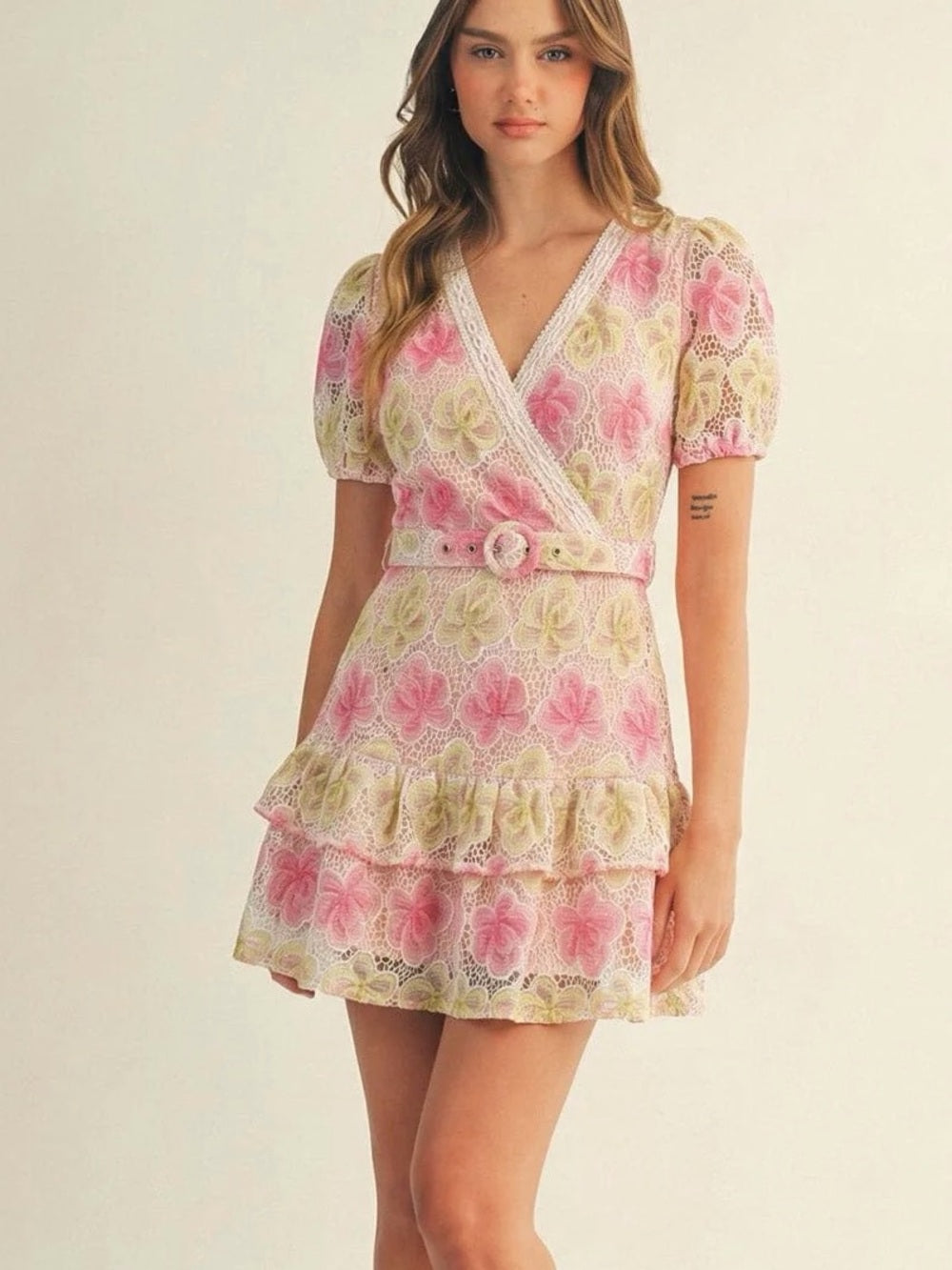 A647. Belted Floral Lace Wrap Mini Dress in Pink and Cream