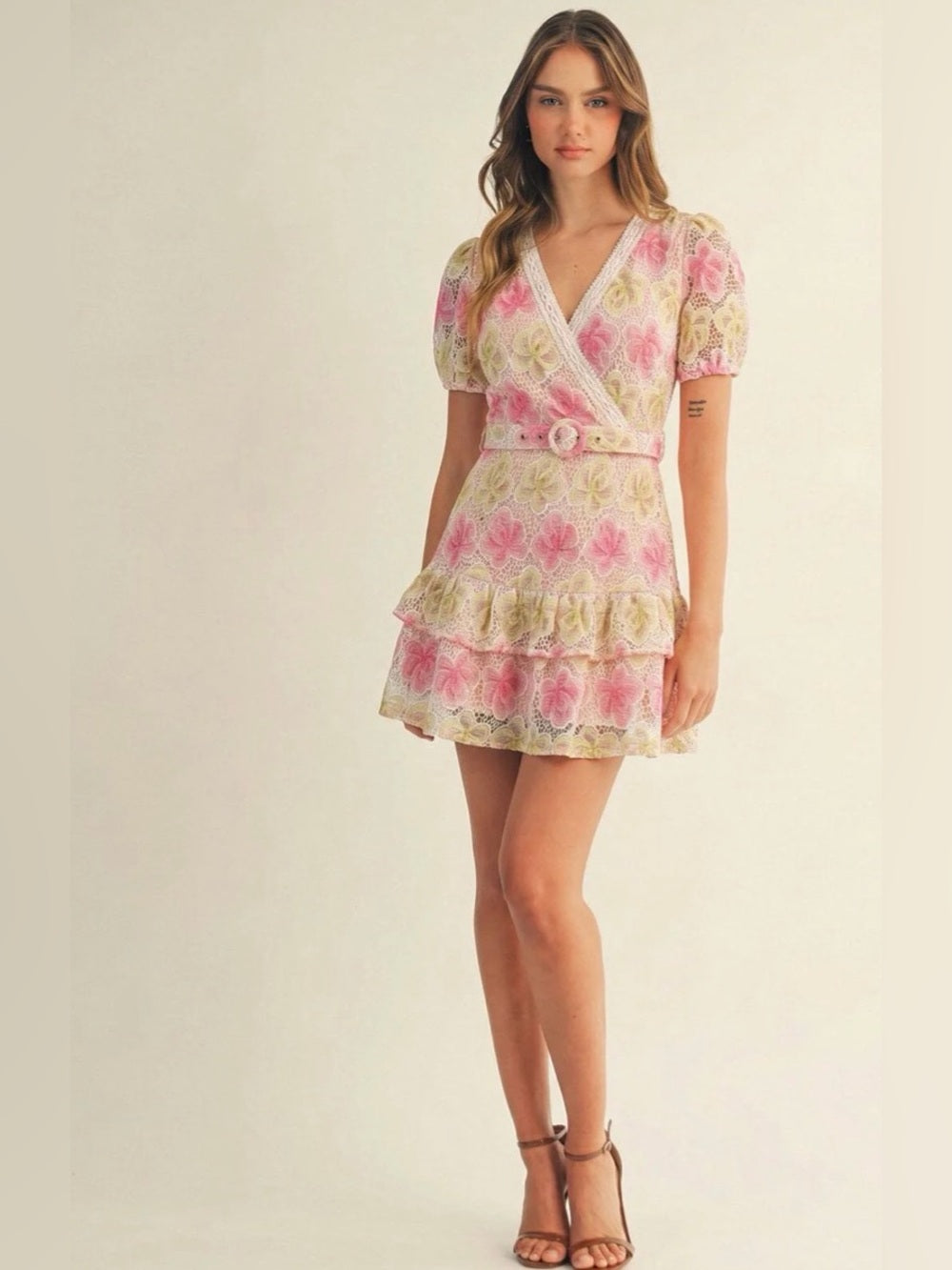 A647. Belted Floral Lace Wrap Mini Dress in Pink and Cream