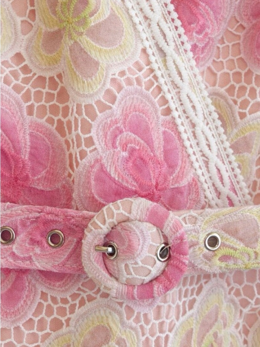 A647. Belted Floral Lace Wrap Mini Dress in Pink and Cream