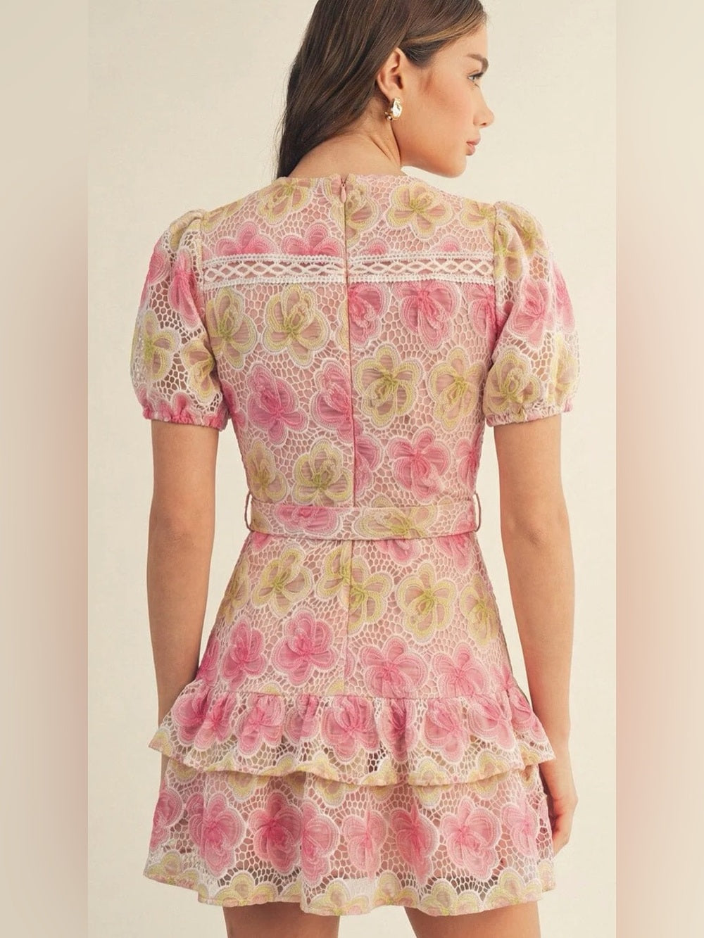 A647. Belted Floral Lace Wrap Mini Dress in Pink and Cream