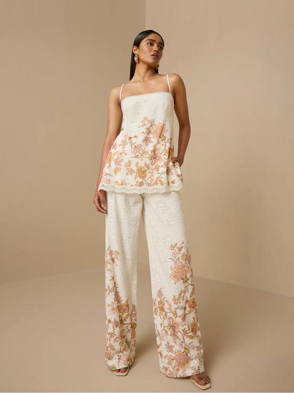 A648. Floral Embroidered Wide-Leg Pants & Cami Set