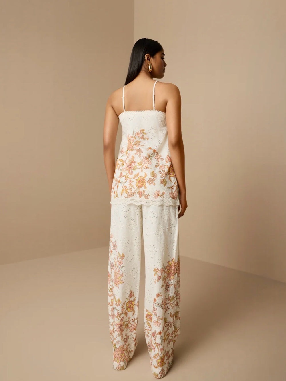 A648. Floral Embroidered Wide-Leg Pants & Cami Set