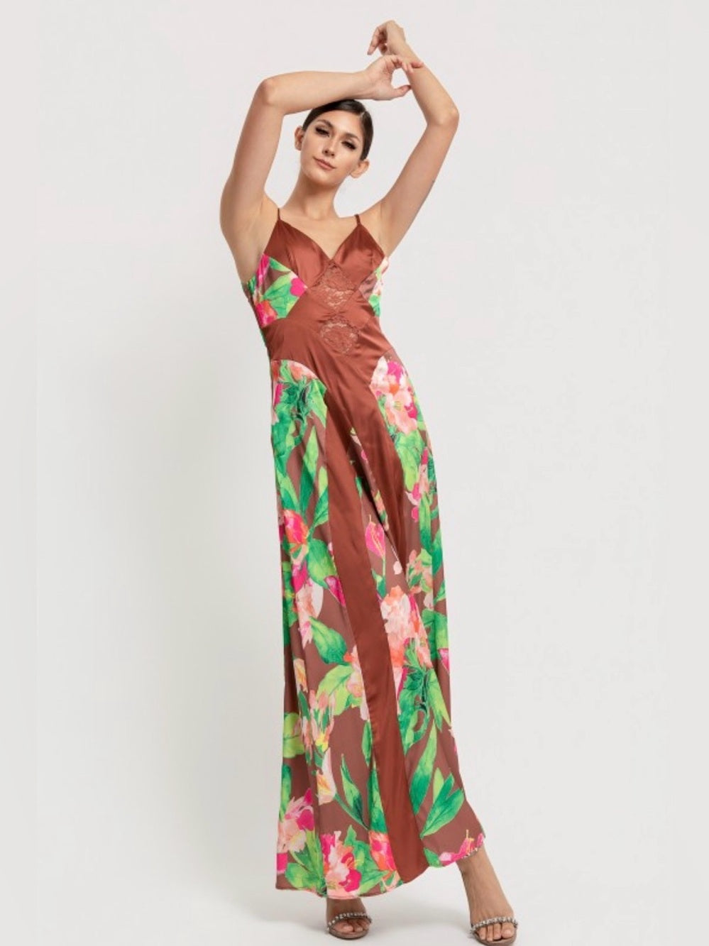 A649. Brown Floral Maxi Dress with V-Neck