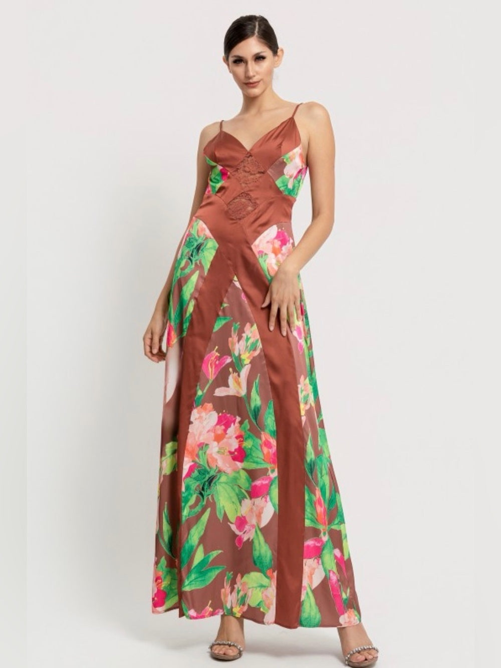 A649. Brown Floral Maxi Dress with V-Neck