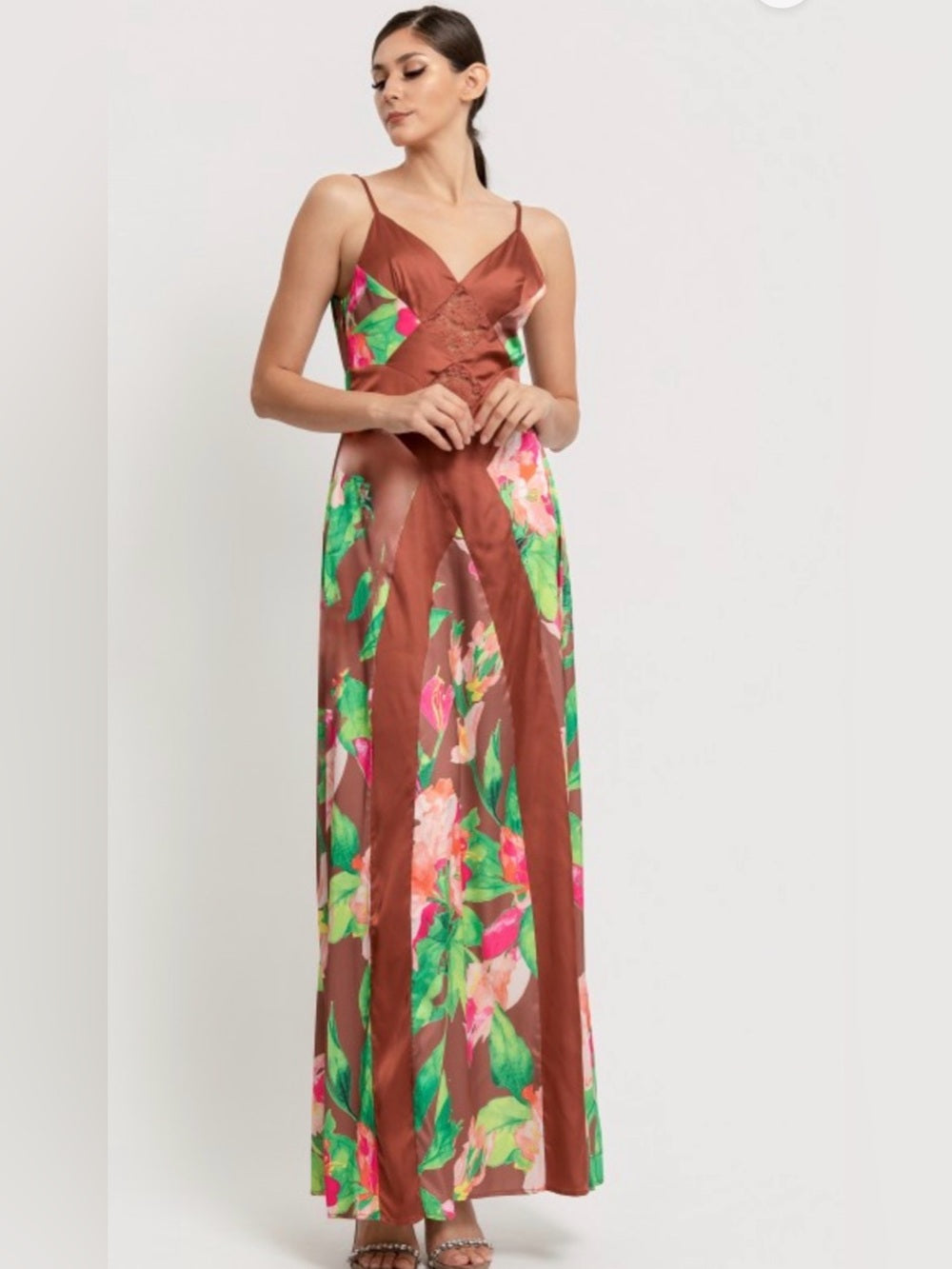A649. Brown Floral Maxi Dress with V-Neck