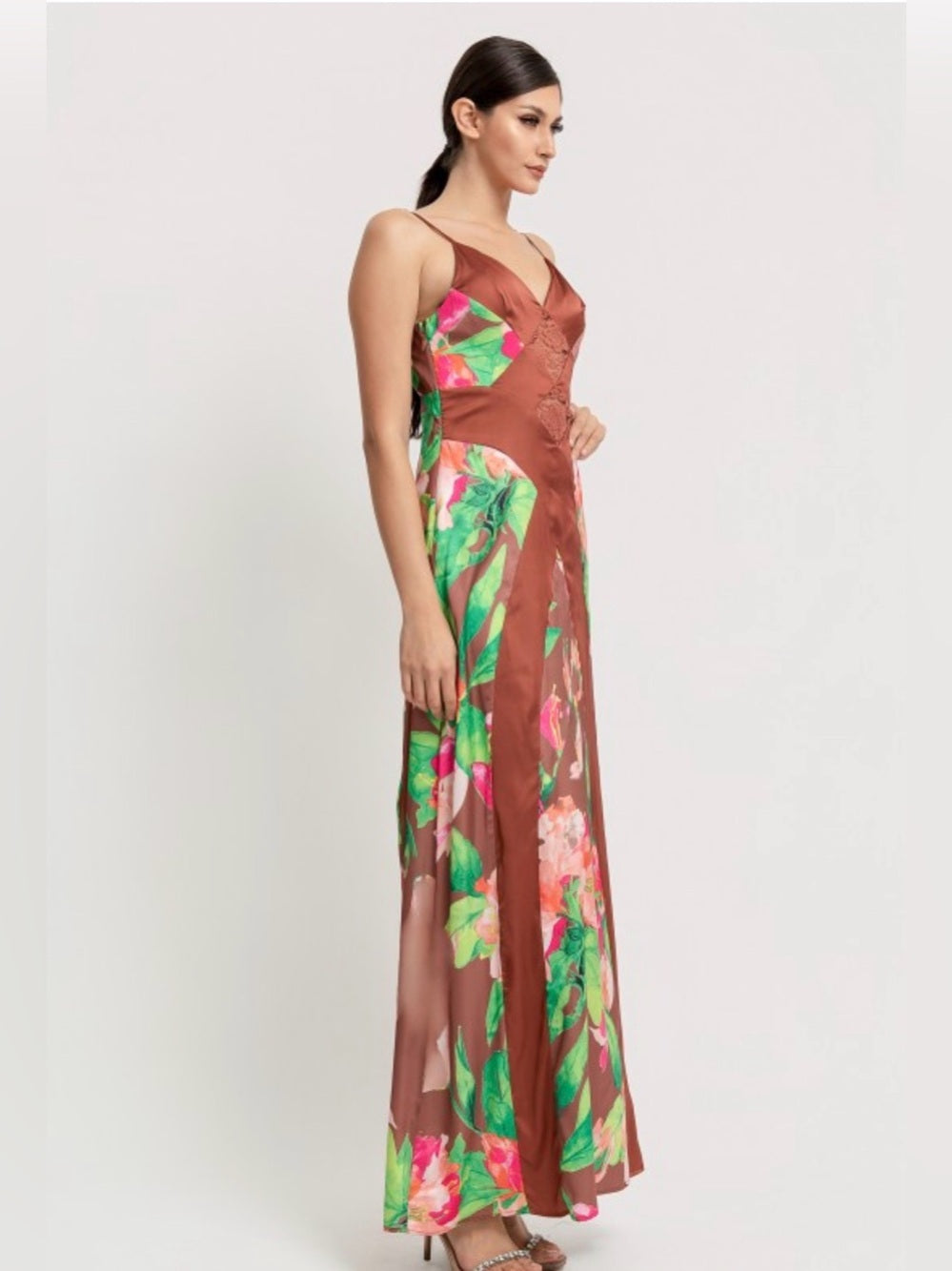 A649. Brown Floral Maxi Dress with V-Neck