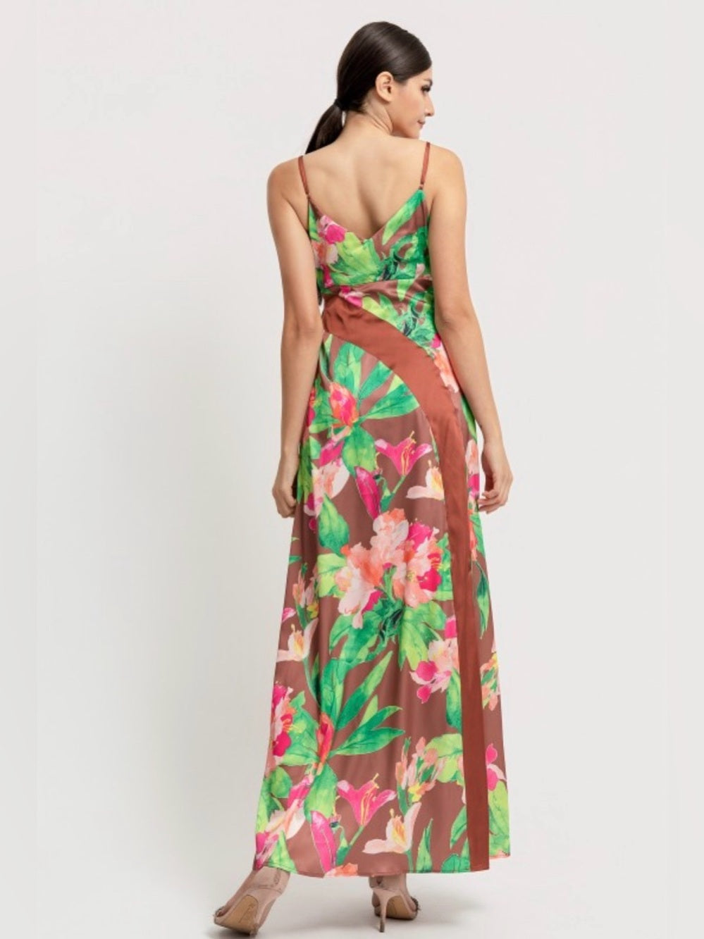 A649. Brown Floral Maxi Dress with V-Neck