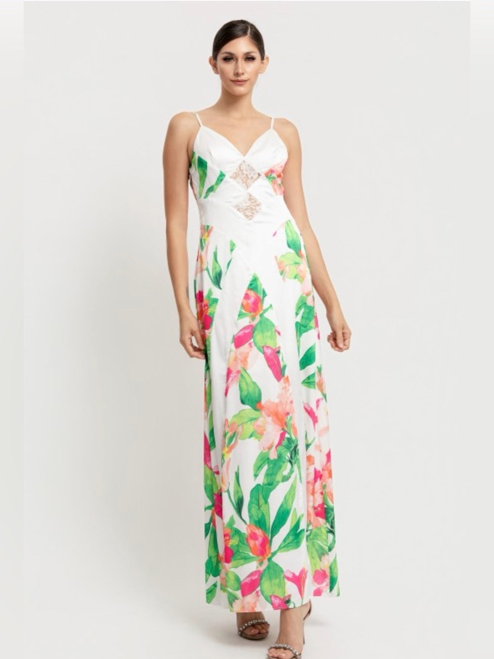 A650. White Floral Maxi Dress with Green and Pink Print