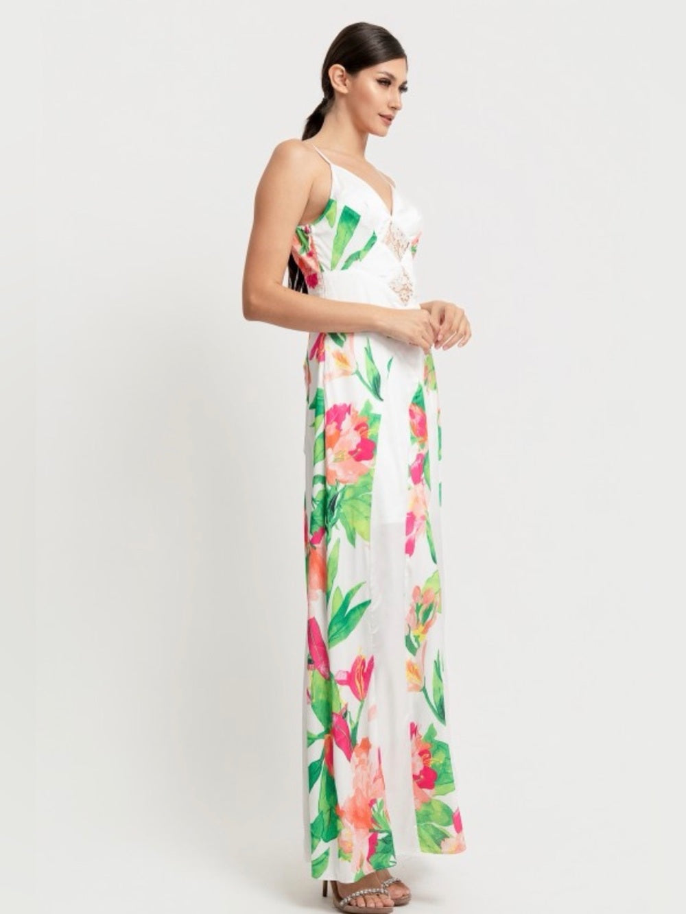 A650. White Floral Maxi Dress with Green and Pink Print