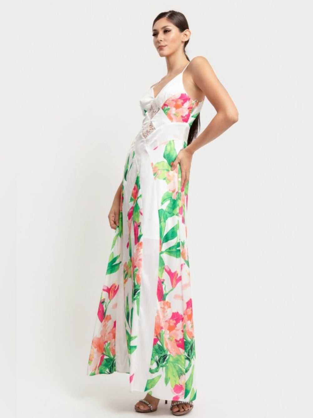 A650. White Floral Maxi Dress with Green and Pink Print