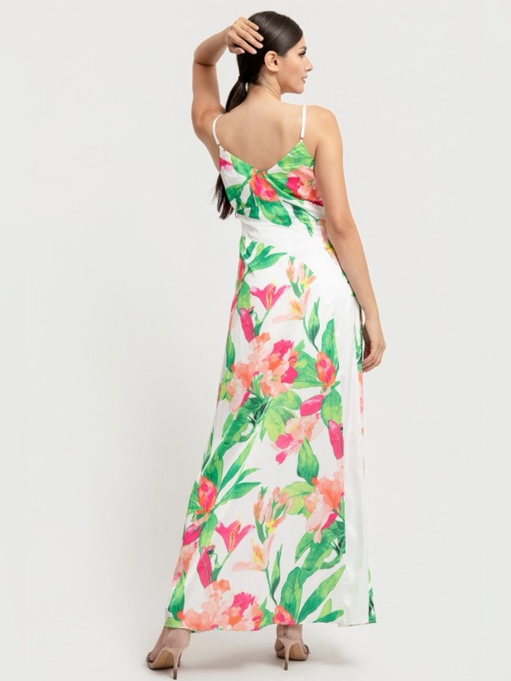 A650. White Floral Maxi Dress with Green and Pink Print