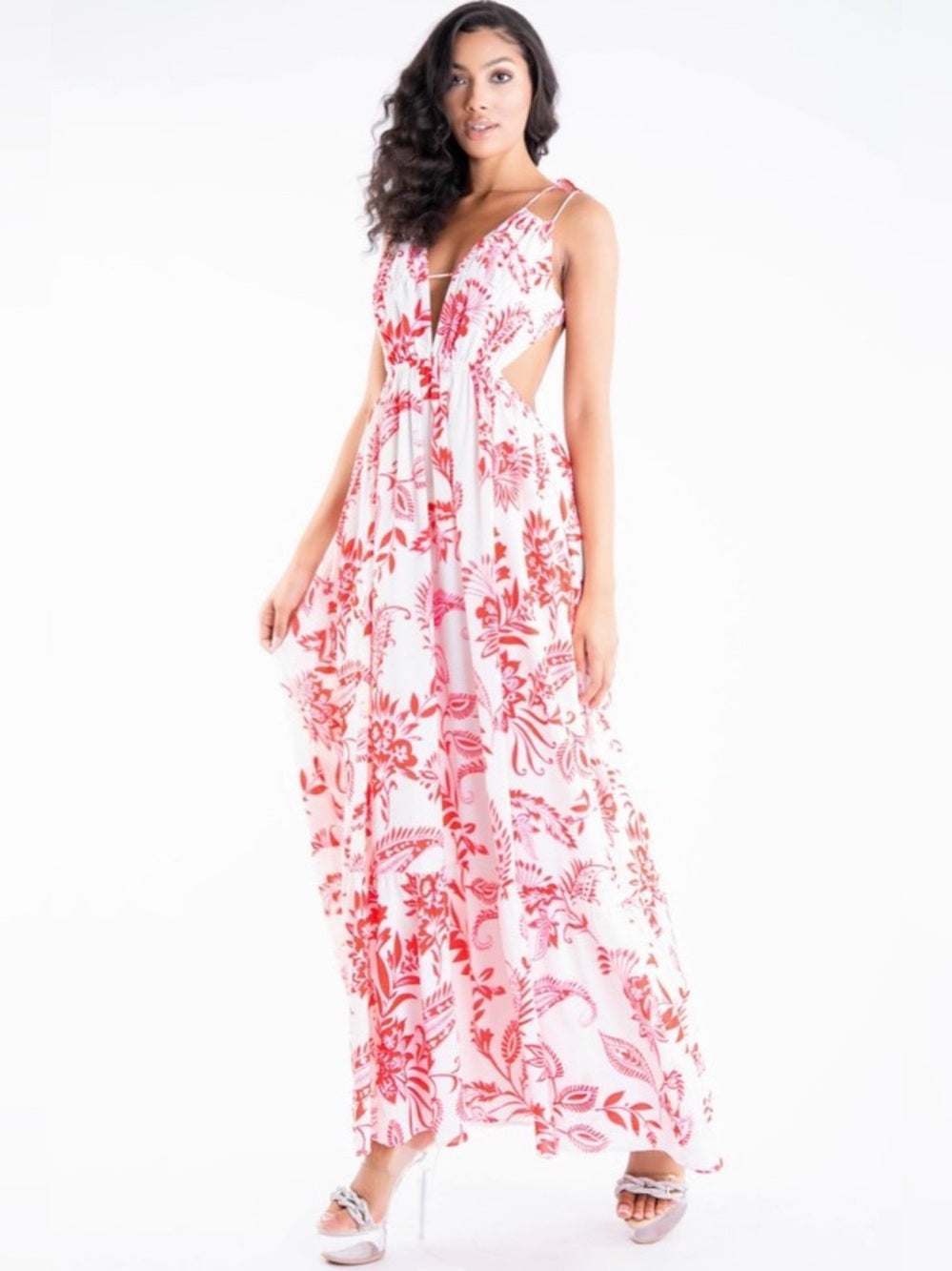 A651. Floral Cutout Maxi Dress — White & Coral Print