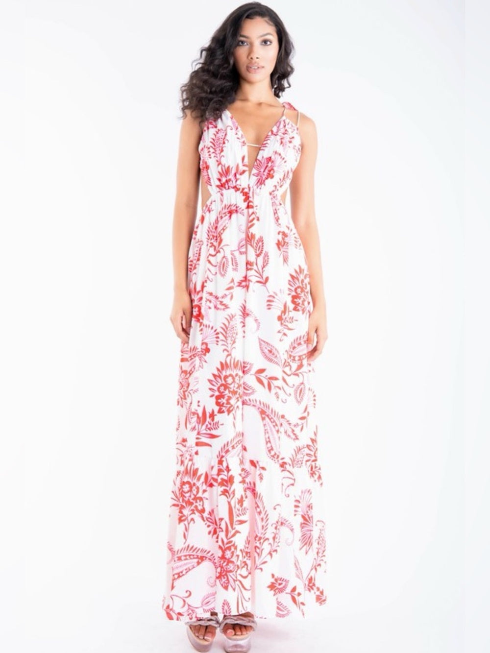 A651. Floral Cutout Maxi Dress — White & Coral Print