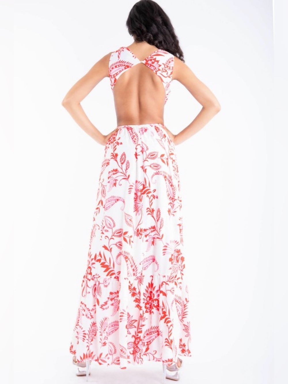 A651. Floral Cutout Maxi Dress — White & Coral Print