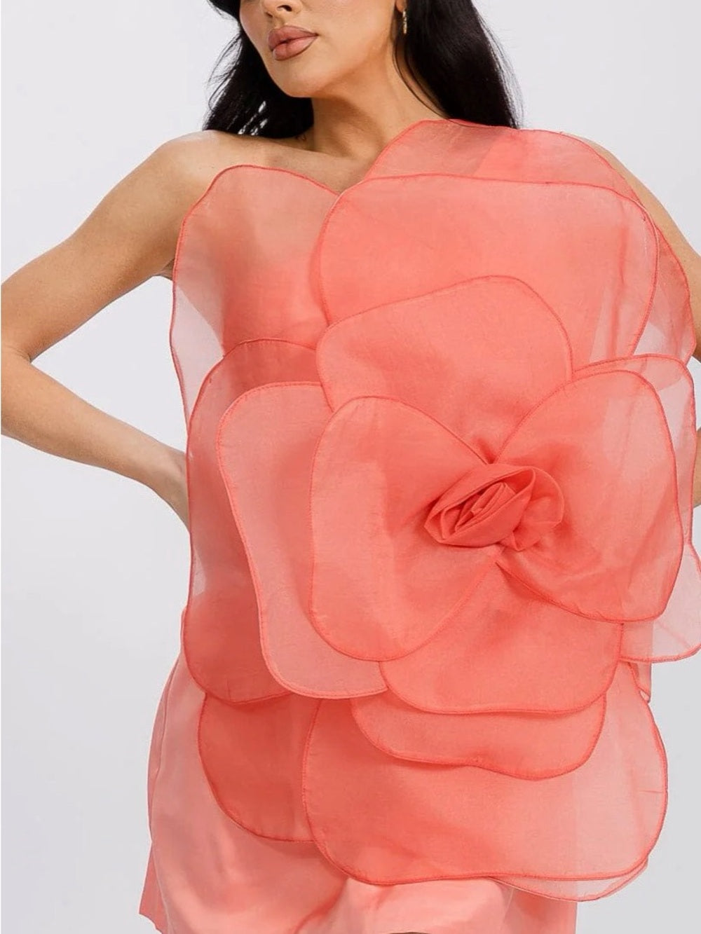 A652. Strapless Coral Flower Appliqué Mini Dress