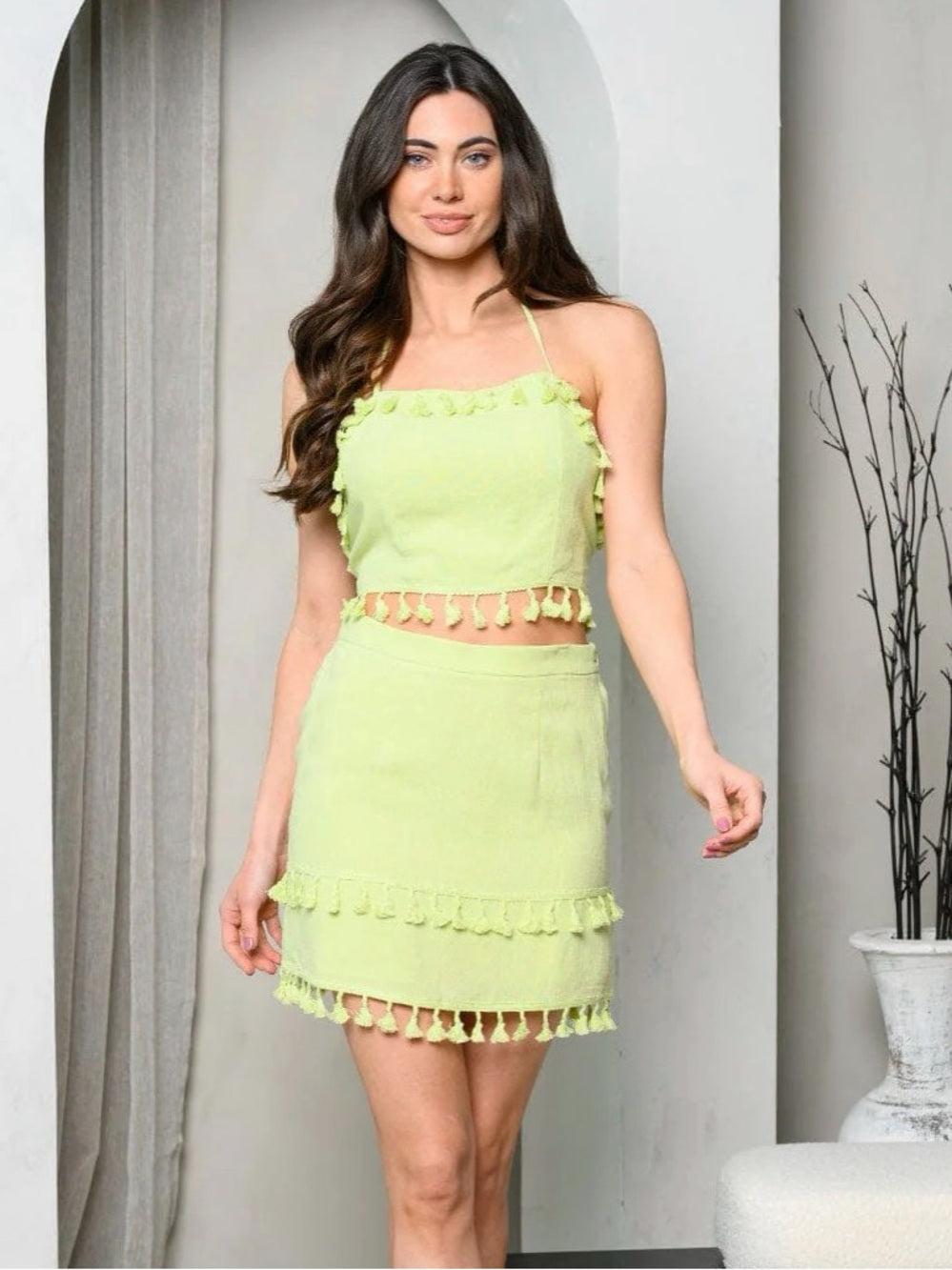 A653. Lime Tassel Trim Mini Skirt & Halter Top Set