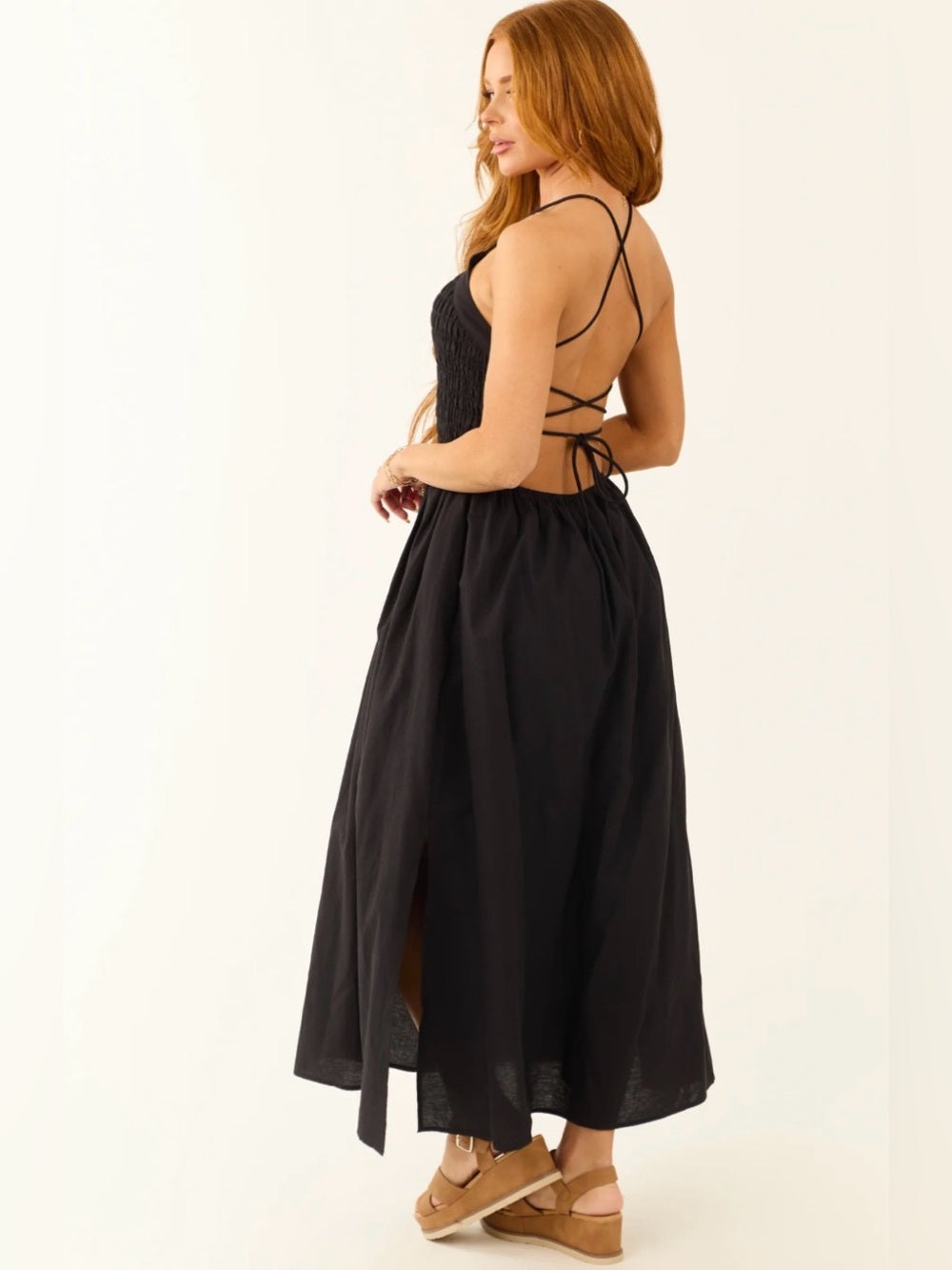 A654. Strappy Back Black Maxi Dress for Women