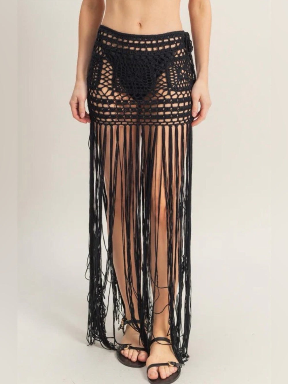A656. Black Crochet Fringe Beach Skirt