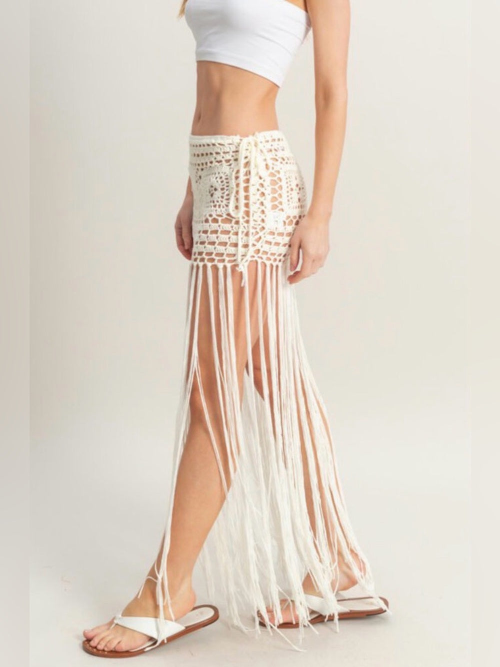 A657. Crochet Fringe Maxi Beach Skirt in Ivory