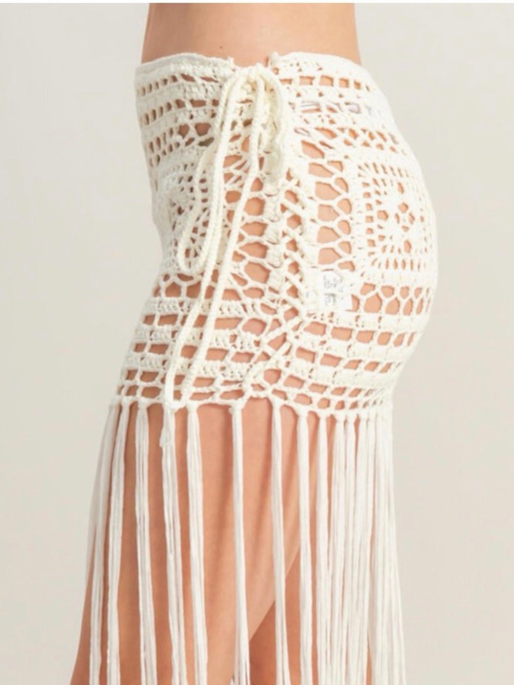 A657. Crochet Fringe Maxi Beach Skirt in Ivory