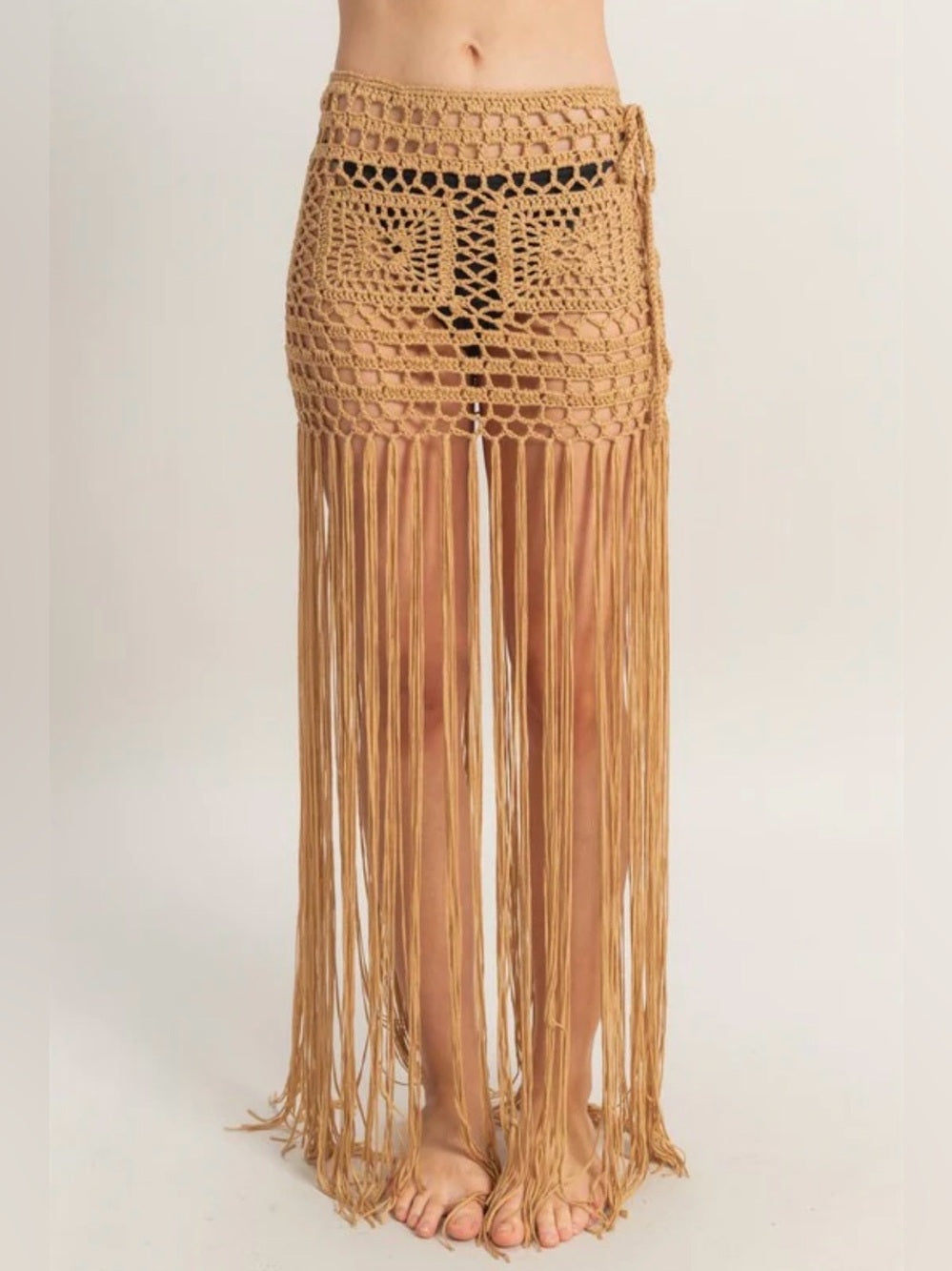 A658. Fringe Crochet Beach Skirt in Camel
