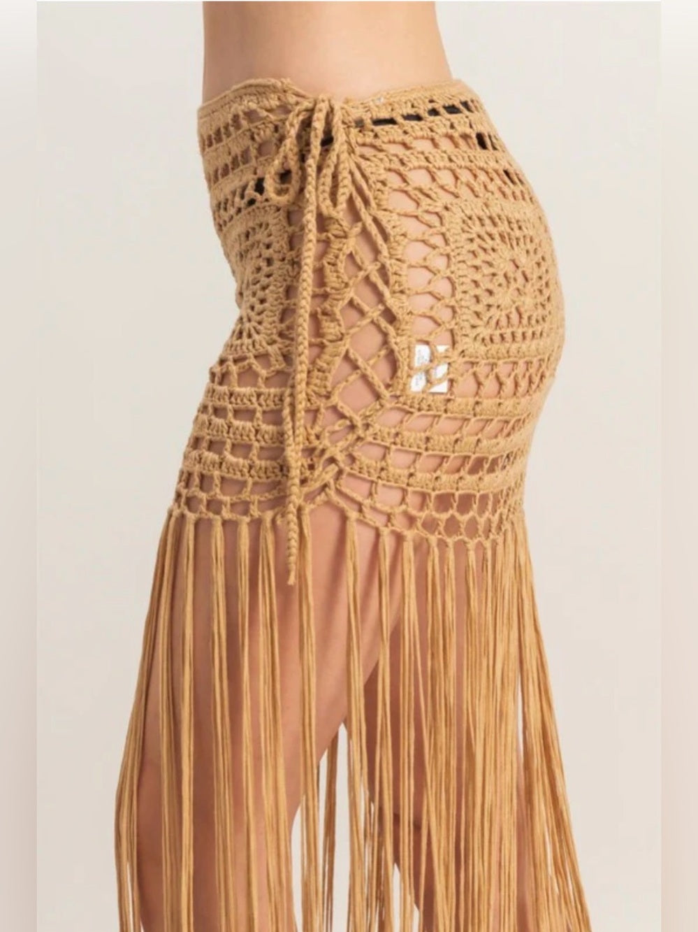 A658. Fringe Crochet Beach Skirt in Camel