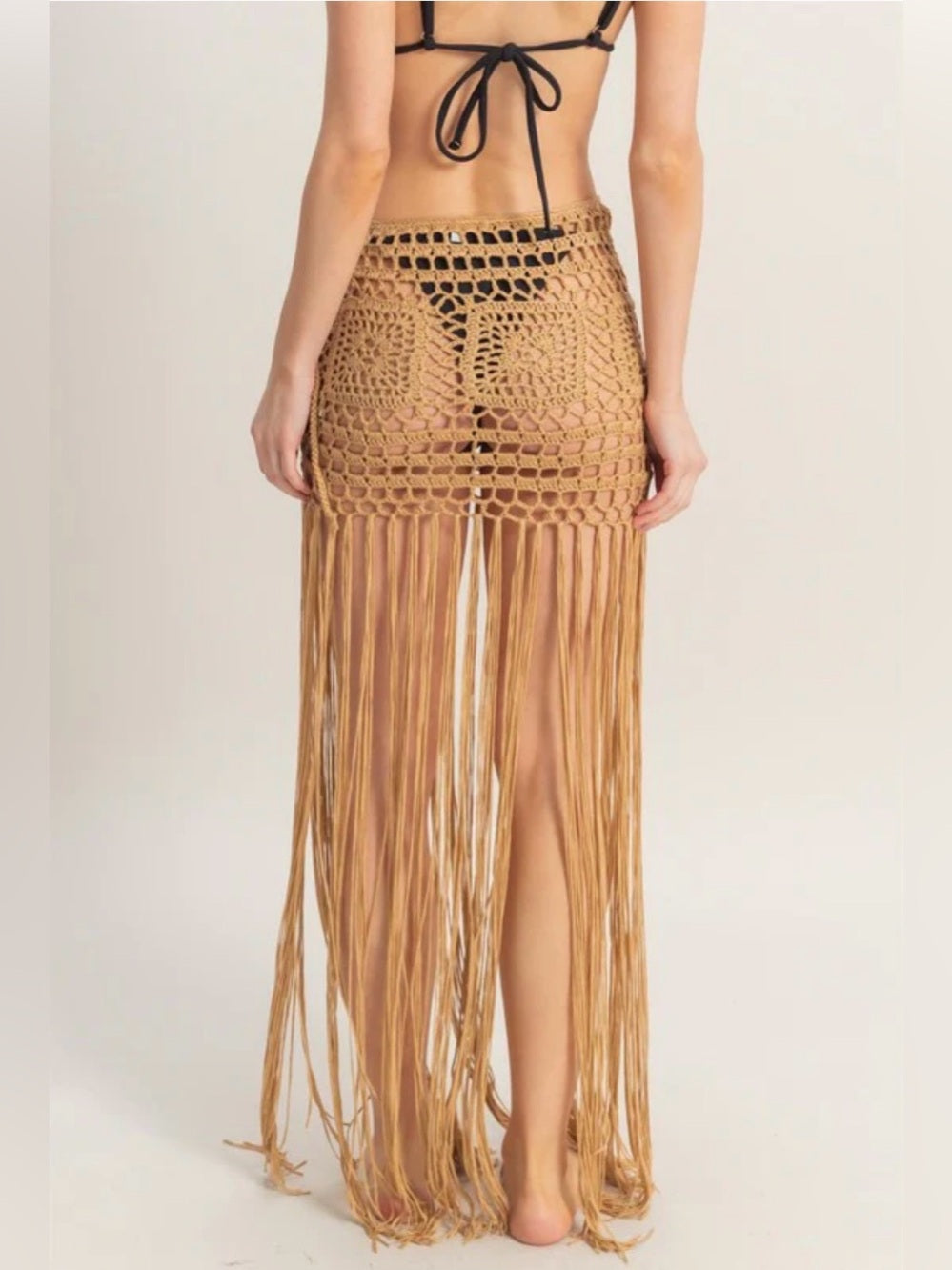 A658. Fringe Crochet Beach Skirt in Camel