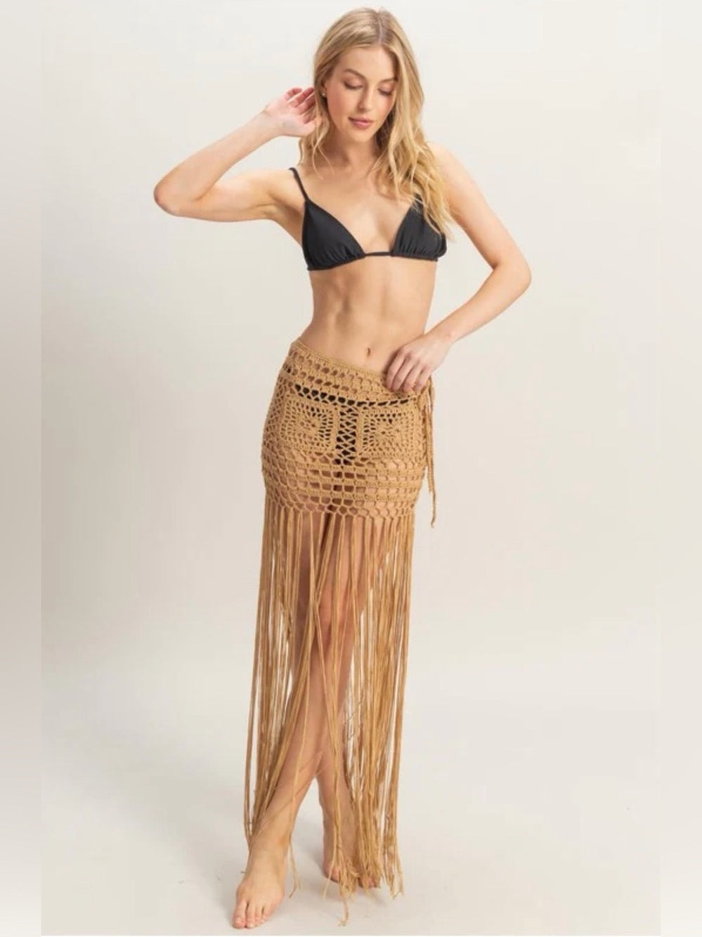 A658. Fringe Crochet Beach Skirt in Camel